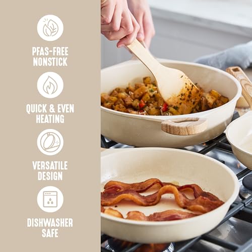 GreenLife 8 Piece Ceramic Nonstick Cookware Set, Induction Suitable Non Toxic PFAS-Free Pots & Pans, Dishwasher Safe, Cooking Set, Stock Pot, Saucepans & Frying Pans, Kitchen Cooking, Granite Cream - Image 2