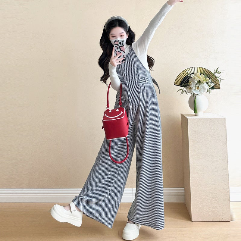 Maternitys Autumn New High-end Sense Korean Style Casual Elegant Loose Commuting Striped Overalls Bottoming Shirt suit Picture color two piece set