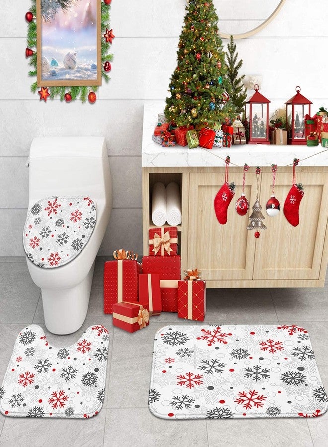 ArtSocket 4 Pcs Shower Curtain Set Christmas Big Small Snowflakes Red with Non-Slip Rugs Toilet Lid Cover and Bath Mat Bathroom Decor Set 72" x 72" - Image 5