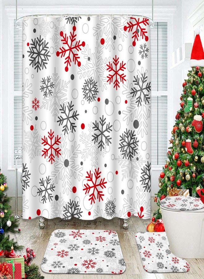 ArtSocket 4 Pcs Shower Curtain Set Christmas Big Small Snowflakes Red with Non-Slip Rugs Toilet Lid Cover and Bath Mat Bathroom Decor Set 72" x 72" - Image 1