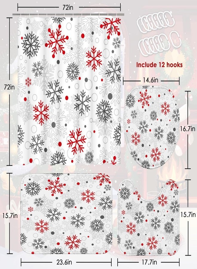 ArtSocket 4 Pcs Shower Curtain Set Christmas Big Small Snowflakes Red with Non-Slip Rugs Toilet Lid Cover and Bath Mat Bathroom Decor Set 72" x 72" - Image 2