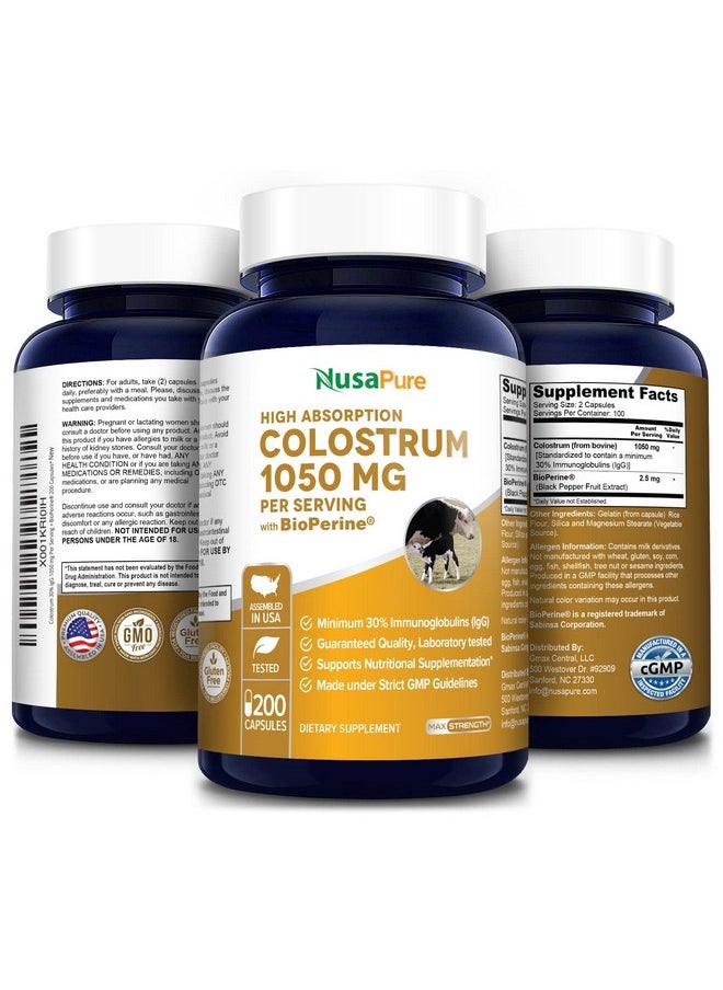 NusaPure - Colostrum 1050Mg 30% Igg 200 Capsules (Nongmo & Gluten Free) With Bioperine - Image 1