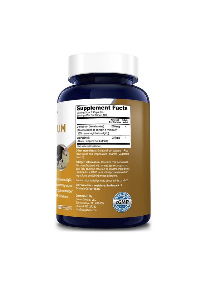 NusaPure - Colostrum 1050Mg 30% Igg 200 Capsules (Nongmo & Gluten Free) With Bioperine - Image 1