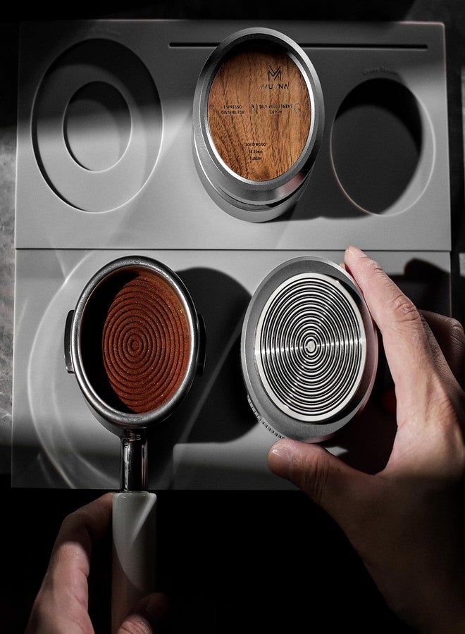 MUVNA 53.3mm Espresso Palm Tamper - Coffee Hand Tamper with Stainless Steel Ripple Base, Premium Walnut Wood Handle Lid, Slow Rebound Tamper Tool Fits 54mm Breville Bottomless Portafilters, Silver - Image 4