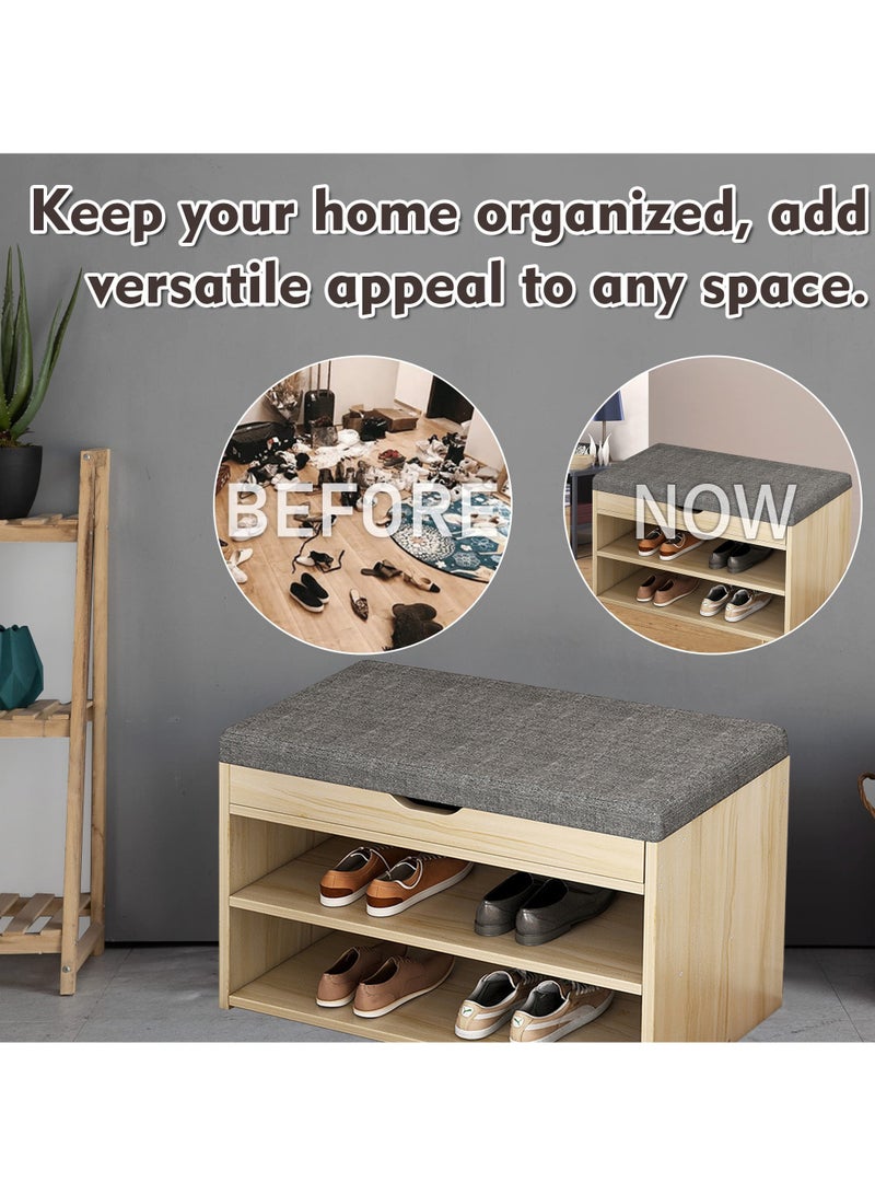 XiuWoo Storage Bench Shoe Rack for Door, 2-Tier Free Standing Shoe Cabinet with Padded Cushion Seat and Flip Top Storage Space, Modern Shoe Racks for Entryway - Image 2