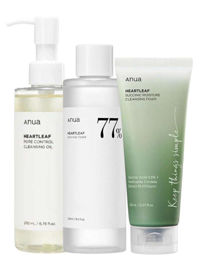 Anua Oily Skin Trio - Heartleaf Pore Cleansing Oil, Heartleaf Succinic Moisture Cleansing Foam And Heartleaf 77% Soothing Toner 600ml - Image 1