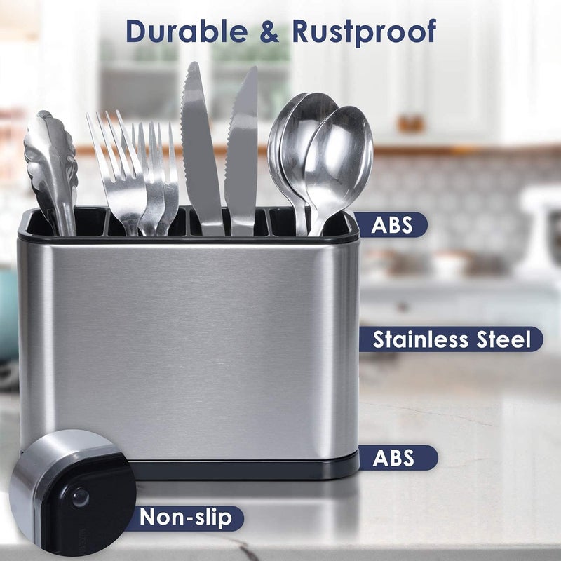 VLSYS Stainless Steel Kitchen Utensil Holder Drainer Cooking Utensil Holder Cutlery Holder Flatware Holder Sinkware Caddy Countertop Organizer Modern Rectangular Design - Image 2