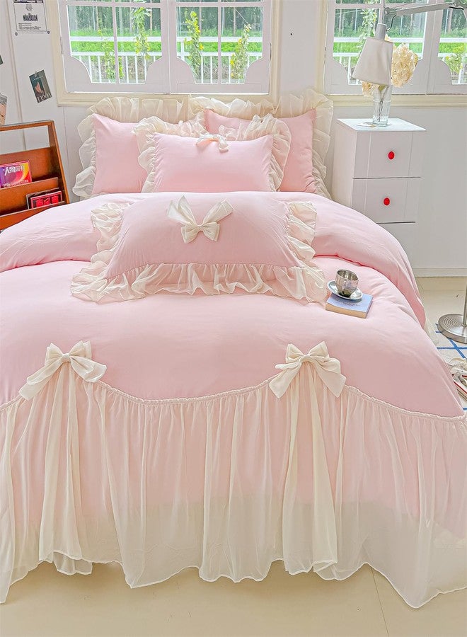 SOUKECHY Chic Lace Bedding,Girls Twin Aesthetic Comforter Cover Set,Romantic French Princess Style Ruffled Duvet Cover with Lovely Bow with Zipper Closure-Pink,Twin Size - Image 4