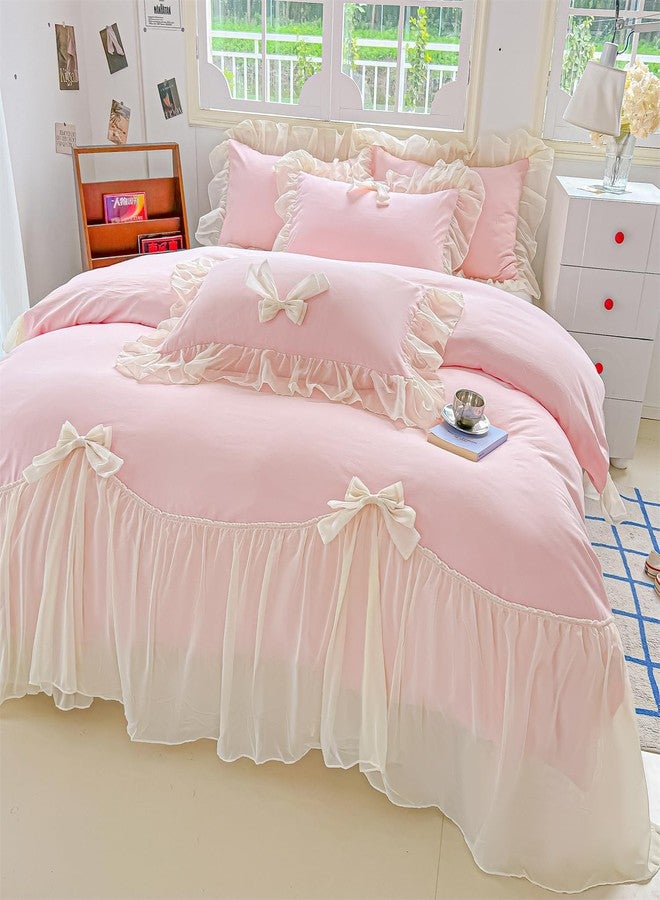 SOUKECHY Chic Lace Bedding,Girls Twin Aesthetic Comforter Cover Set,Romantic French Princess Style Ruffled Duvet Cover with Lovely Bow with Zipper Closure-Pink,Twin Size - Image 2