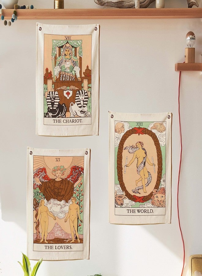 SheetKart Cotton Tarot Flag Tapestry The Chariot, The World and The Lovers Bohemian Printed Hand Made Wall Hanging Tapestries with Steel Grommets, (Beige, 20 x 16 inches) - Pack of 3 - Image 1