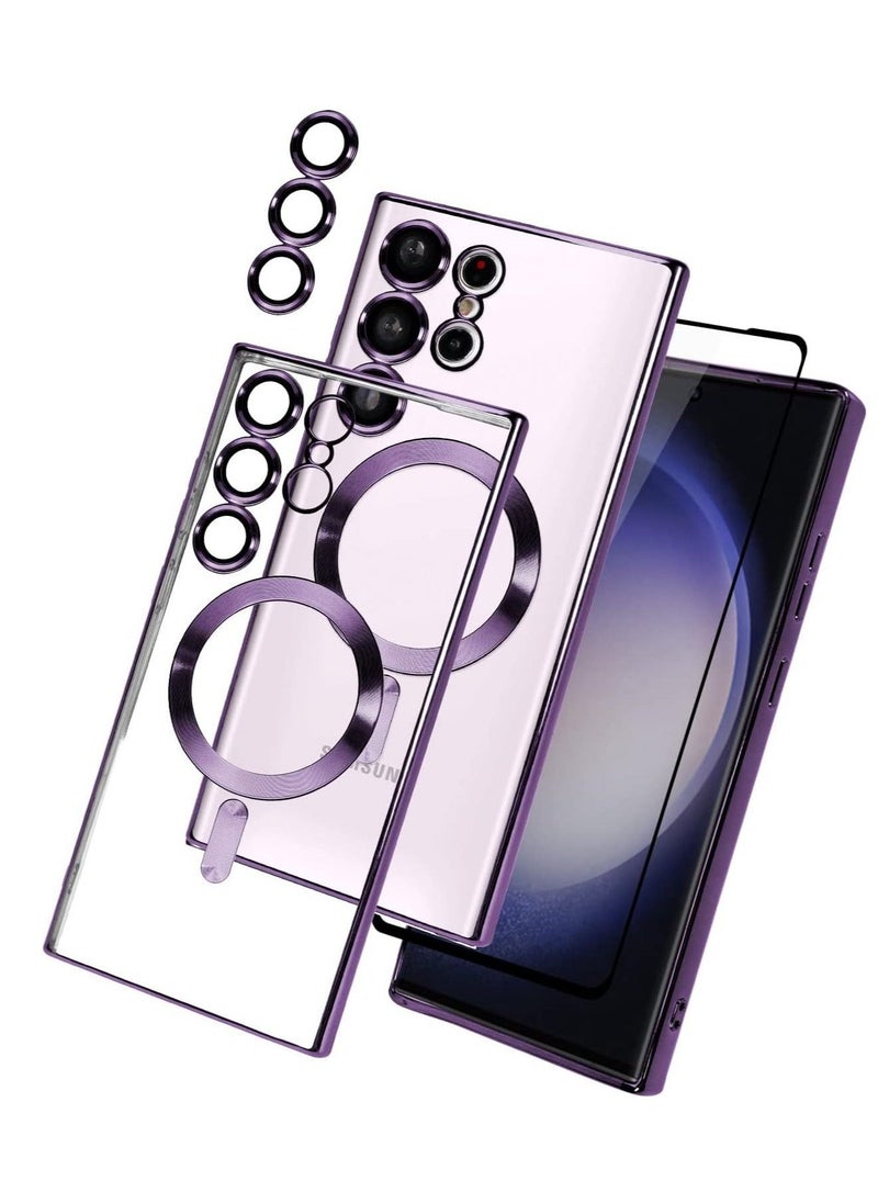 Ipefet Compatible with Samsung Galaxy S24 Ultra Plating Magnetic Case with Camera Lens Protector Magnetic Cover Soft TPU Clear Body Slim Fit Shockproof Case for Samsung Galaxy S24 Ultra-Purple - Image 1