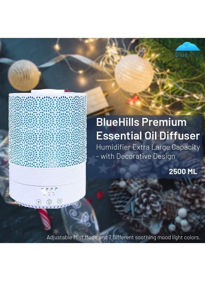 BlueHills - 2500 Ml Xl Essential Oil Diffuser Aroma Humidifier With Timer For Large Home Decor Baby Rooms Big Huge 2.5 L Capacity Long Run Color Changing Lights Decorative Design High Mist White F002 - Image 1