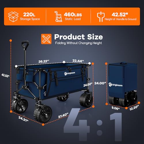 Originsure 220L Collapsible Wagon Cart Foldable, 460lbs Load Capacity Heavy Duty Folding Beach Wagons with Big All-Terrain Wheels, Utility Carts for Groceries, Shopping, Camping, Sports - Blue - Image 4