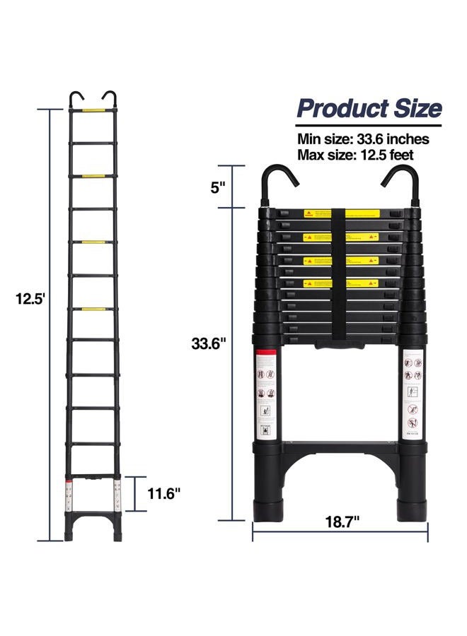 BOCOM 12.5 FT Aluminum Telescoping Ladder with Hooks, Lightweight Multi-Purpose Collapsible Extension with 2 Triangle Stabilizers, Heavy Duty 330 lbs Max Capacity for Home, RV, and Outdoor Work Black - Image 5