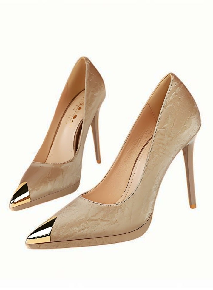 BIGTREE Women's Elegant Stiletto Pumps Closed Metal Pointed Toe High Heels Beige 11.5CM - Image 1