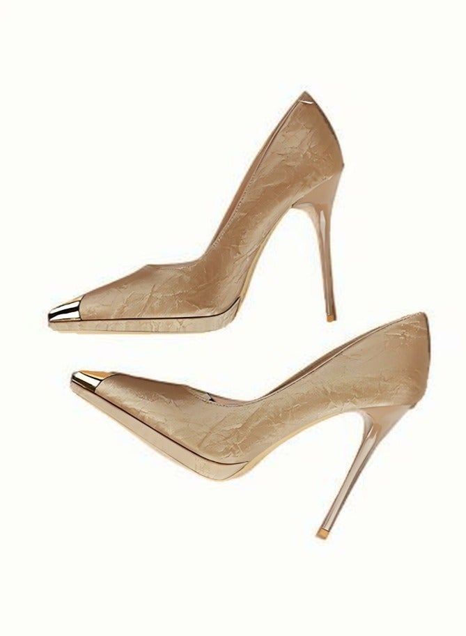 BIGTREE Women's Elegant Stiletto Pumps Closed Metal Pointed Toe High Heels Beige 11.5CM - Image 3
