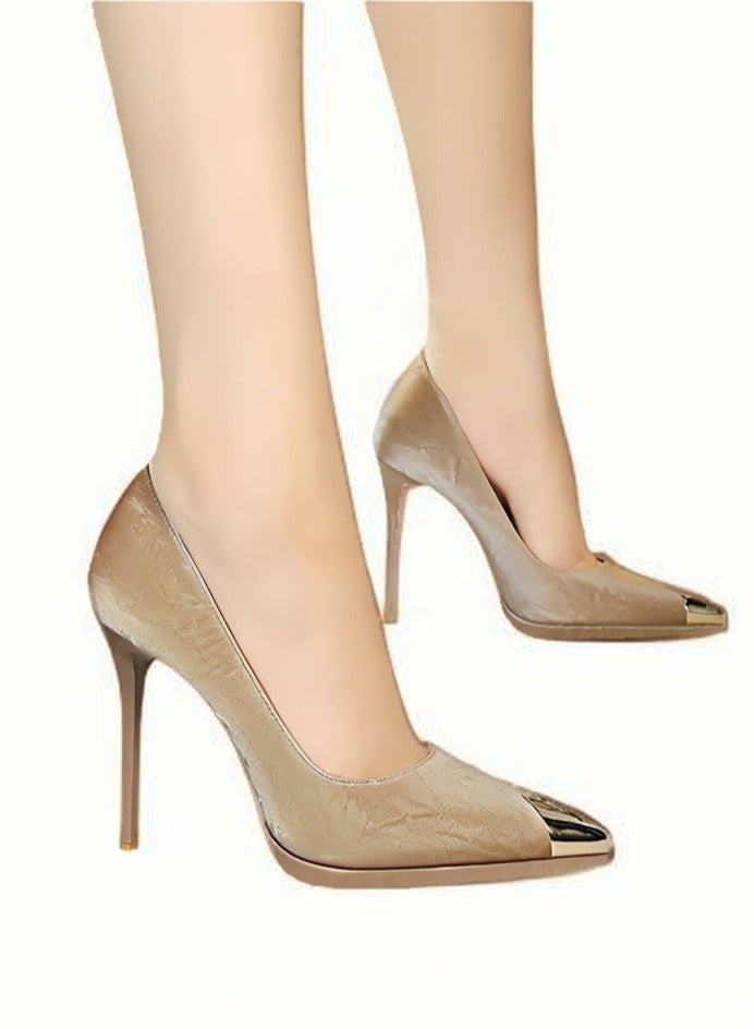 BIGTREE Women's Elegant Stiletto Pumps Closed Metal Pointed Toe High Heels Beige 11.5CM - Image 5
