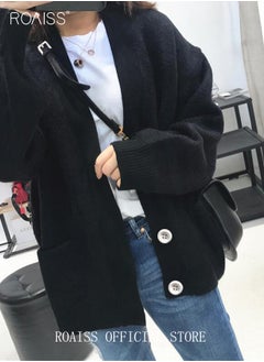 roaiss Ladies Solid Color Knitted Jacket Ladies V Neck Loose Cardigan Ladies Long Sleeve Sweater Jacket Large Pocket Design Loose Preppy Style Ladies Knitted Sweater  - Image 5