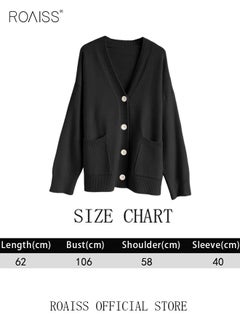 roaiss Ladies Solid Color Knitted Jacket Ladies V Neck Loose Cardigan Ladies Long Sleeve Sweater Jacket Large Pocket Design Loose Preppy Style Ladies Knitted Sweater  - Image 3