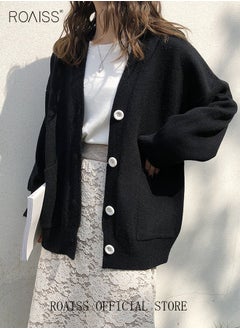 roaiss Ladies Solid Color Knitted Jacket Ladies V Neck Loose Cardigan Ladies Long Sleeve Sweater Jacket Large Pocket Design Loose Preppy Style Ladies Knitted Sweater  - Image 2