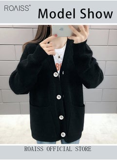 roaiss Ladies Solid Color Knitted Jacket Ladies V Neck Loose Cardigan Ladies Long Sleeve Sweater Jacket Large Pocket Design Loose Preppy Style Ladies Knitted Sweater  - Image 4