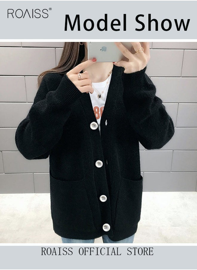 roaiss Ladies Solid Color Knitted Jacket Ladies V Neck Loose Cardigan Ladies Long Sleeve Sweater Jacket Large Pocket Design Loose Preppy Style Ladies Knitted Sweater  - Image 4