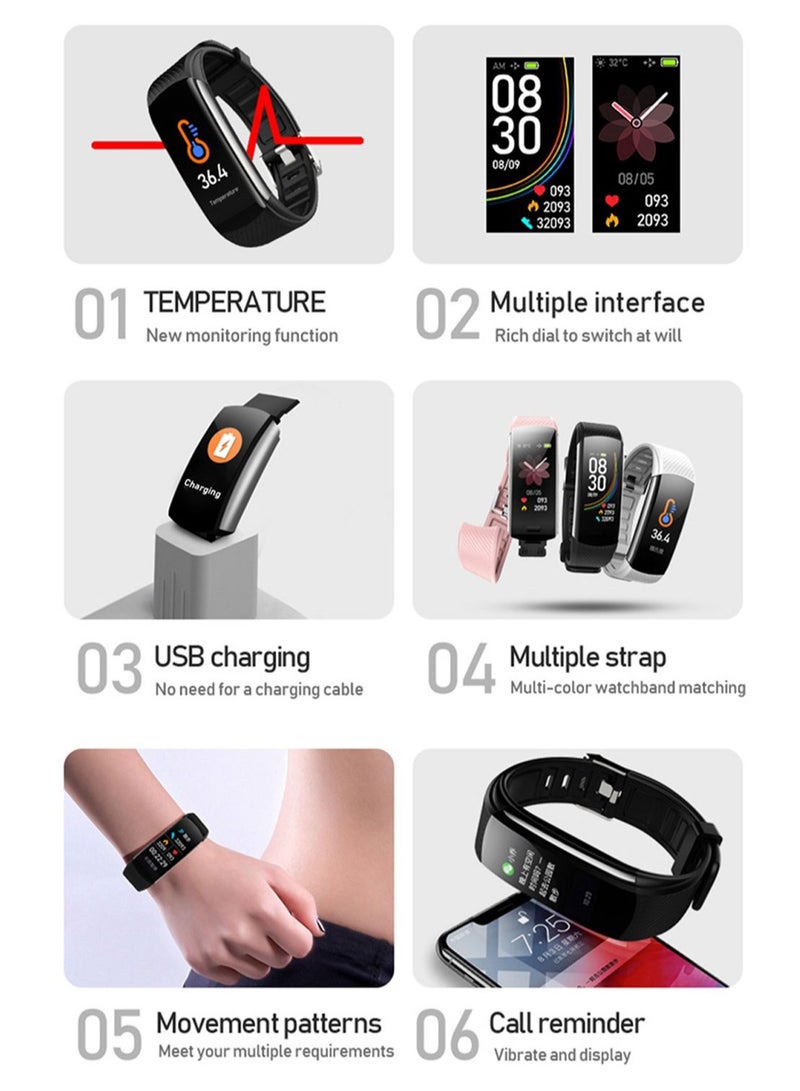 C6T Body Temperature Bracelet Watch Smart Sports Bracelet IP67 Information Push Sleep Exercise Step Waterproof Sports Smart Bracelet Blood Pressure Monitoring (Pink)  - Image 3