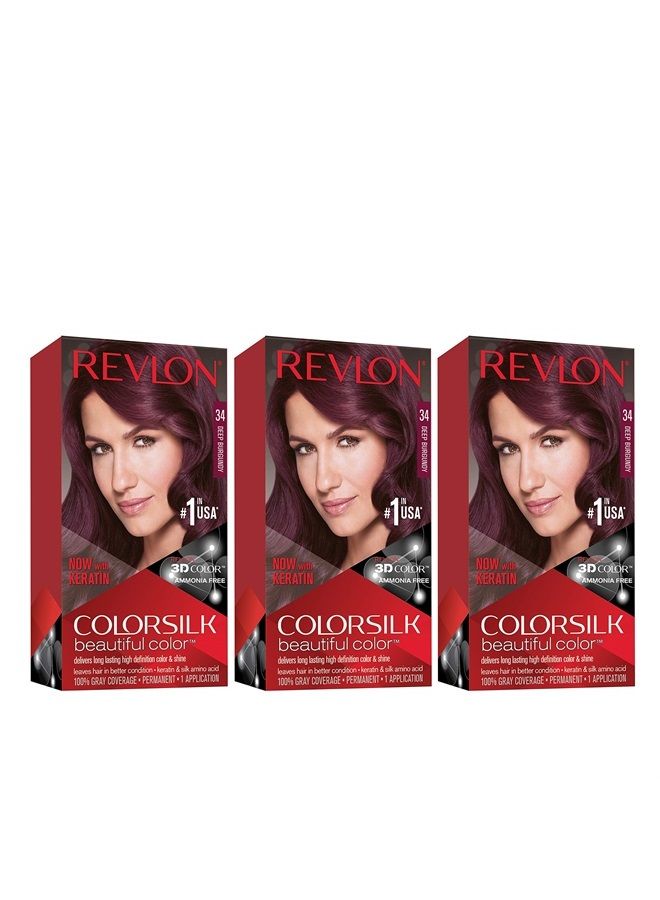 Revlon Permanent Hair Color, Permanent Hair Dye, Colorsilk with 100% Gray Coverage, Ammonia-Free, Keratin and Amino Acids, 34 Deep Burgandy, 4.4 Oz (Pack of 3) - Image 1