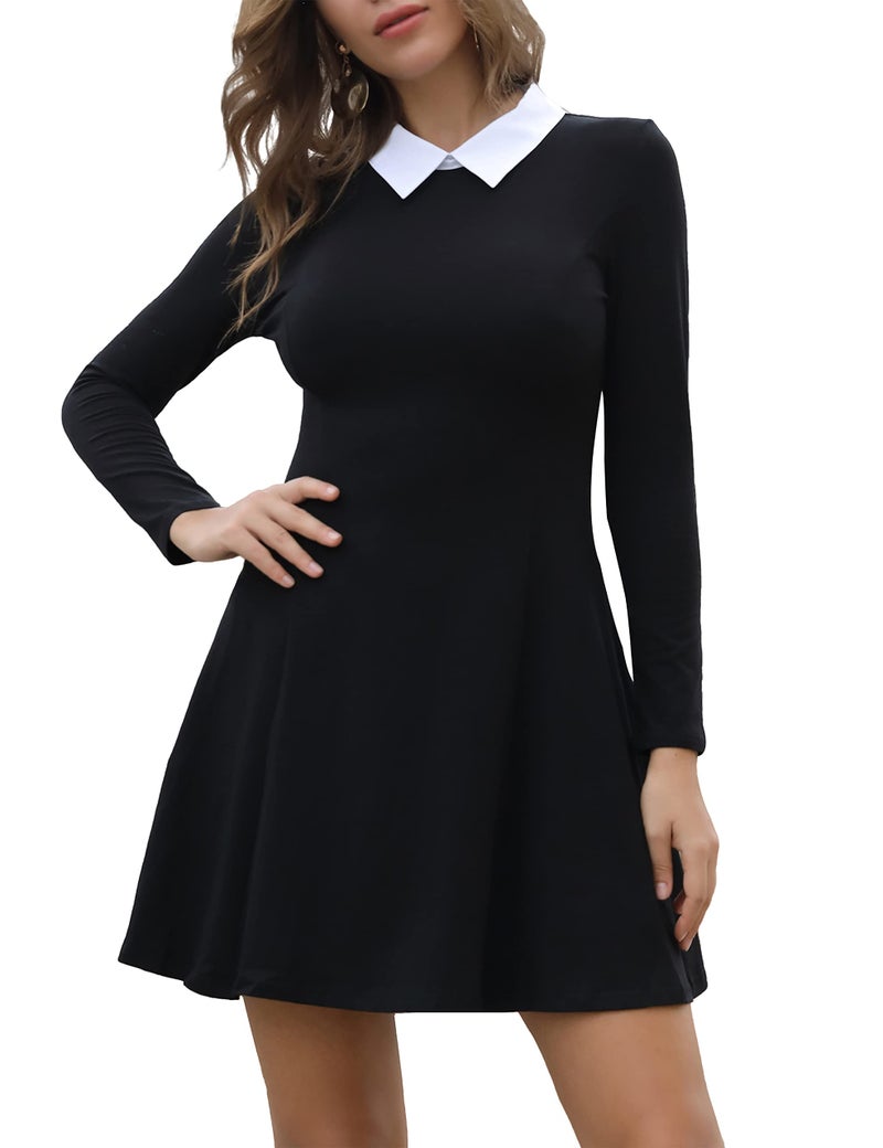 Aphratti Women's Long Sleeve Fall Dresses 2025 Casual Peter Pan Collar A Line Fit and Flare Skater Goth Dress Black X-Small - Image 1