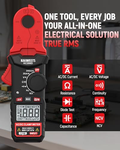 KAIWEETS Digital Clamp Meter with Round Jaw, Automotive Multimeter, NCV, 2000 Counts, Amp Voltmeter, Accuratly Measure AC/DC Current & Volatge, Resistance, Diode, Capacitance, Continuity, Frequency - Image 3