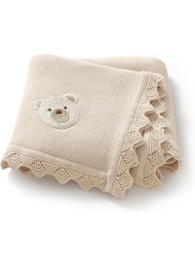 MVAQKLM  Cotton Cellular Baby Blanket, 70*90cm Soft Knitted Blanket for Newborn Baby Boy and Girl with Lovely Embroidery Bear, Breathable and Durable  - Image 1