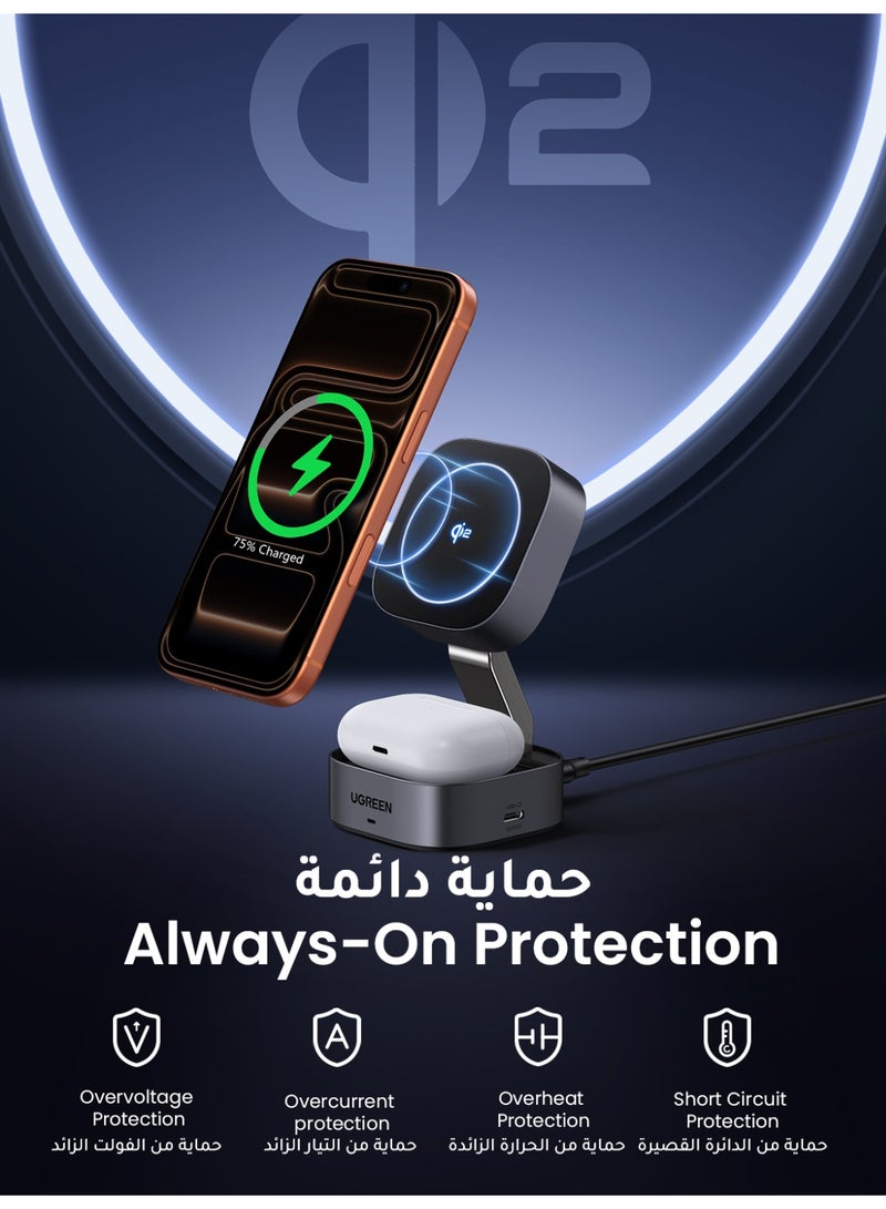 Ugreen 2-in-1 MagFlow Qi2 Wireless Charging Station 15W, Magnetic Wireless Charger Fast Charging for iPhone 16 15 Series, AirPods, iWatch, Magsafe Charger Stand Foldable 360° Adjustable With 1M USB C Cable - Image 4