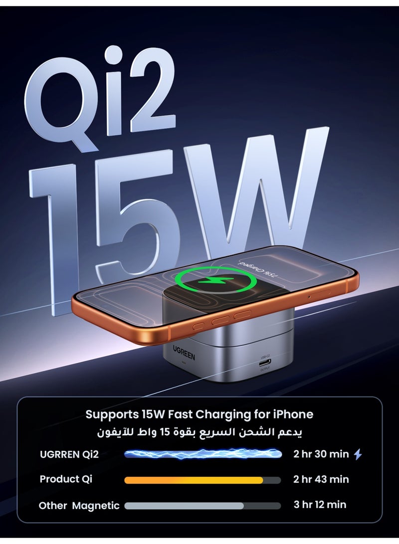 Ugreen 2-in-1 MagFlow Qi2 Wireless Charging Station 15W, Magnetic Wireless Charger Fast Charging for iPhone 16 15 Series, AirPods, iWatch, Magsafe Charger Stand Foldable 360° Adjustable With 1M USB C Cable - Image 2