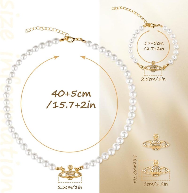 HANNEA® BrandName 4Pcs Jewelry Set for Women Girls, Stylish Pearl Planet Pendant Necklace, Rhinestone Choker, Adjustable Bracelet, Stud Earrings, Birthday Gift for Girlfriend - Image 2