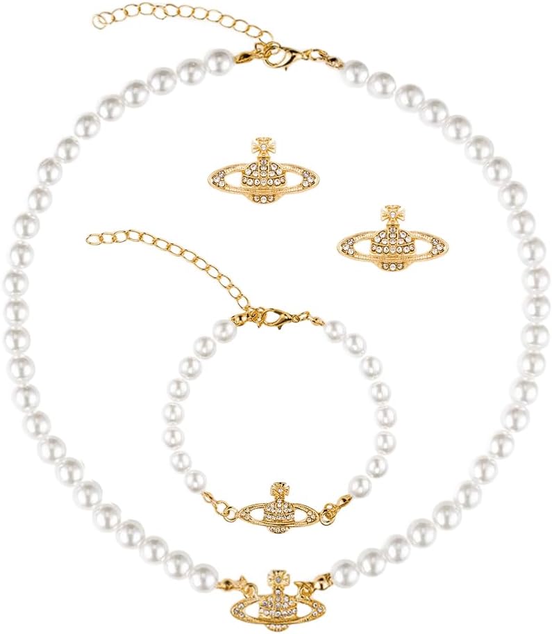 HANNEA® BrandName 4Pcs Jewelry Set for Women Girls, Stylish Pearl Planet Pendant Necklace, Rhinestone Choker, Adjustable Bracelet, Stud Earrings, Birthday Gift for Girlfriend - Image 1