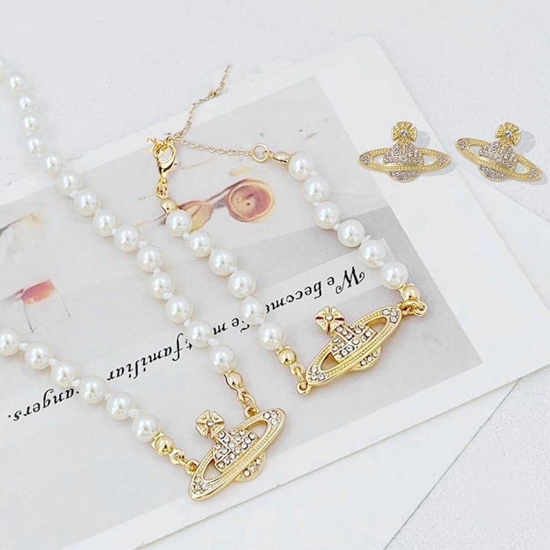 HANNEA® BrandName 4Pcs Jewelry Set for Women Girls, Stylish Pearl Planet Pendant Necklace, Rhinestone Choker, Adjustable Bracelet, Stud Earrings, Birthday Gift for Girlfriend - Image 4