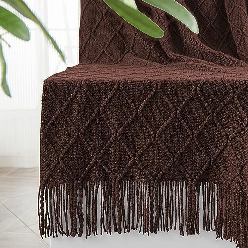 inhand Knitted Throw Blankets for Couch and Bed Soft Cozy Knit Blanket with Tassel Diamond Brown Lightweight Decorative Blankets and Throws Farmhouse Warm Woven Blanket for Men and Women 60x80 - Image 1
