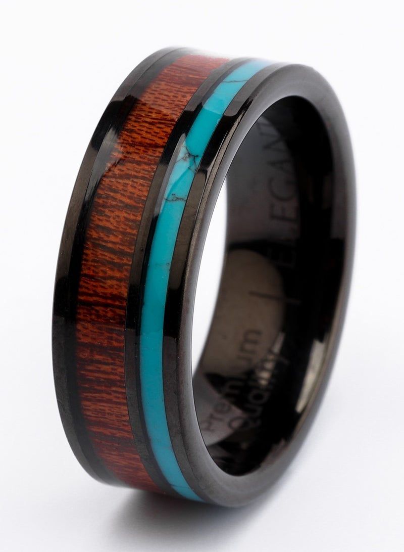 إليجانت بير خاتم من التنجستن الأسود مرصع بخشب الكوا وحجر الفيروز