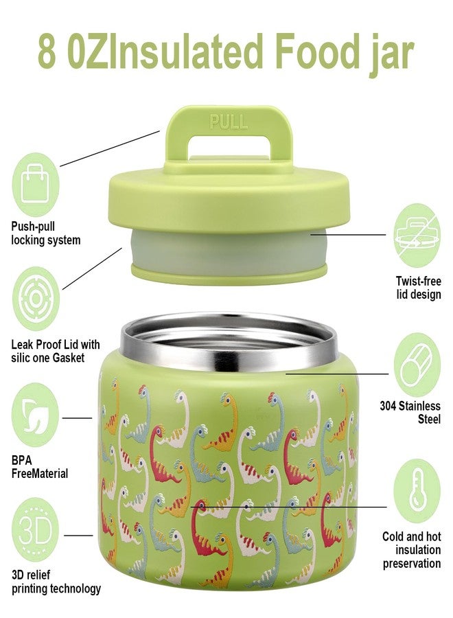 JXXM 8 Oz Thermo Food Jar for Hot & Cold Food for Kids, Insulated Lunch Containers Hot Food Jar,Leak-Proof Vacuum Stainless Steel Wide Mouth Lunch Soup Thermo for School (Green-Colorful Dinosaur) - Image 3
