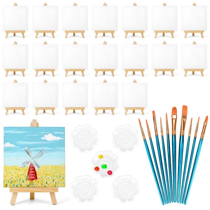 20 PACK 4X4 IN MINI CANVASES SMALL PAINTING CANVAS PANEL WITH MINI EASEL ART CANVAS PAINTING KIT WITH 10 BRUSHES 5 PAINT TRAY FOR KIDS TEENAGERS ACRYLIC POURING OIL WATER COLOR GIFT