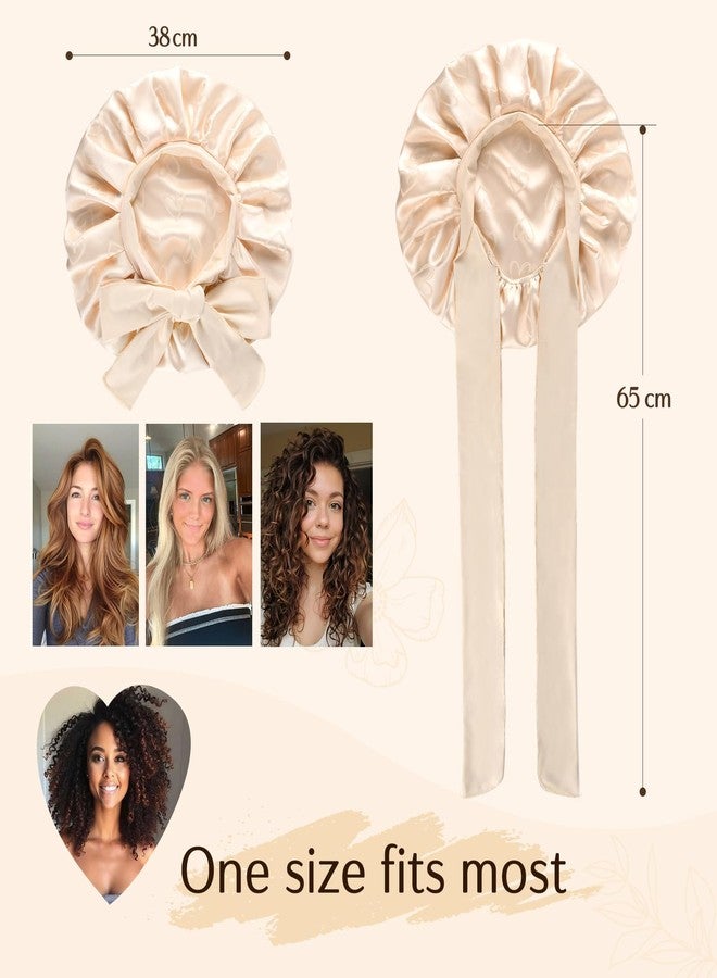 YANIBEST Adjustable Satin Bonnet for Sleeping, Double Layer Silk Bonnet with Tie Band for Women, Sleep Cap Curly Natural Hair, Champagne - Image 4