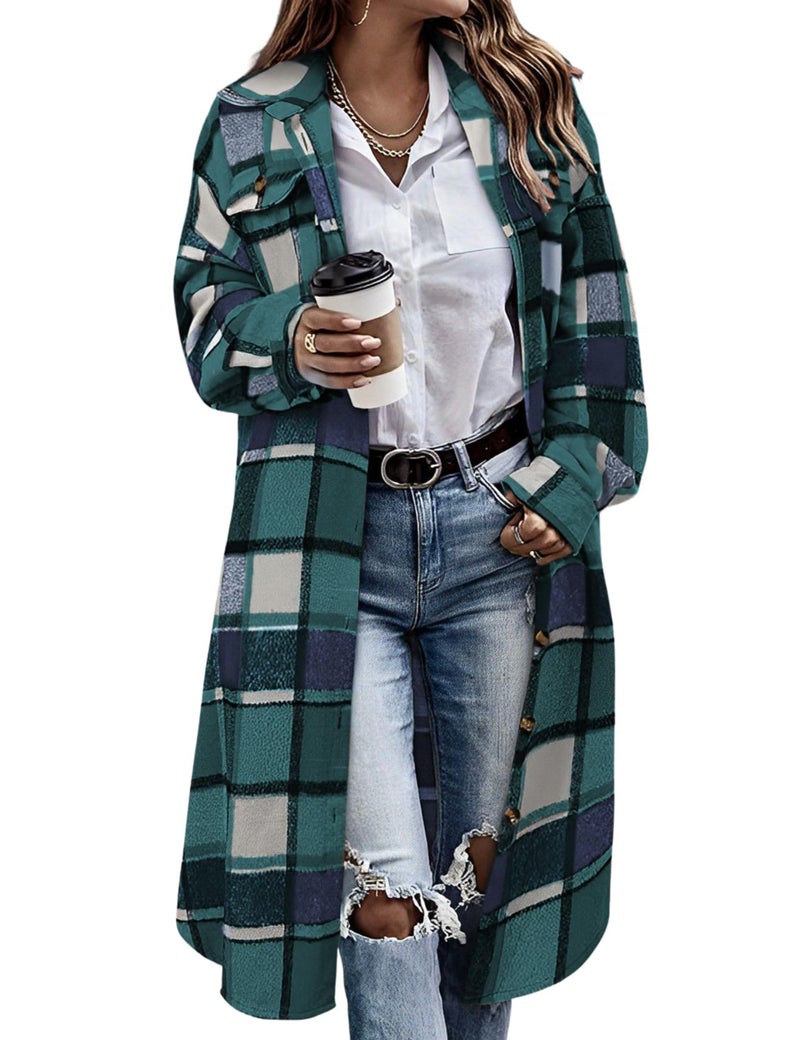 Himosyber Women's Casual Plaid Lapel Woolen Button Up Pocketed Long Shacket Coat (Green-M) - Image 1