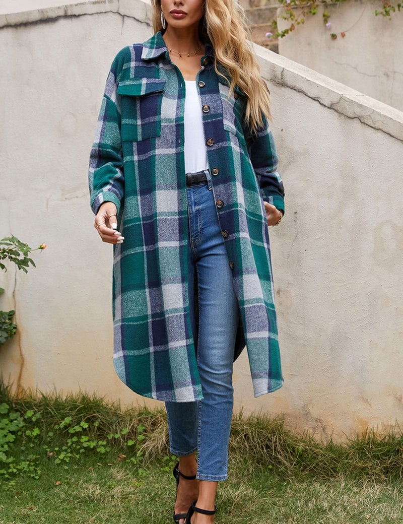 Himosyber Women's Casual Plaid Lapel Woolen Button Up Pocketed Long Shacket Coat (Green-M) - Image 4