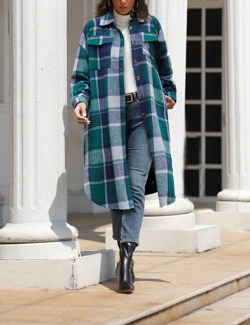 Himosyber Women's Casual Plaid Lapel Woolen Button Up Pocketed Long Shacket Coat (Green-M) - Image 5