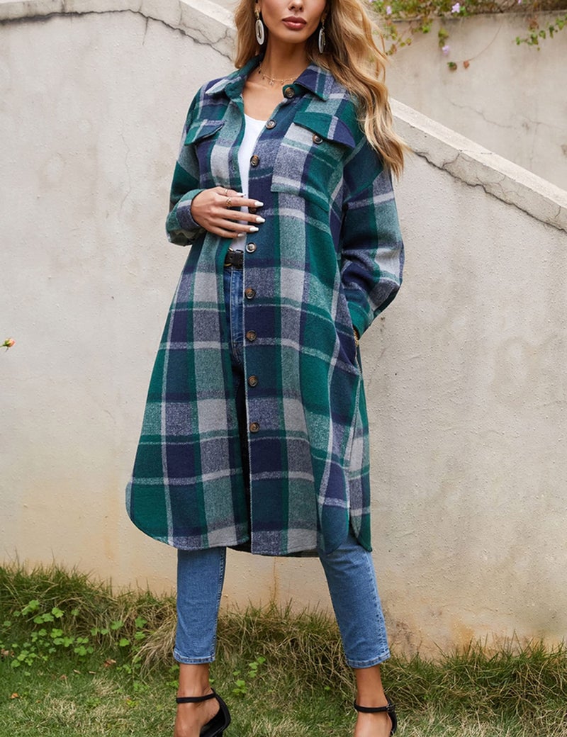 Himosyber Women's Casual Plaid Lapel Woolen Button Up Pocketed Long Shacket Coat (Green-M) - Image 3