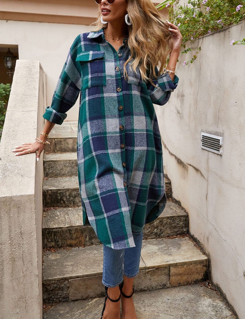 Himosyber Women's Casual Plaid Lapel Woolen Button Up Pocketed Long Shacket Coat (Green-M) - Image 2