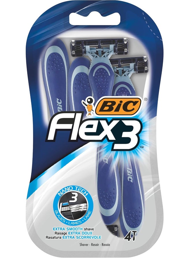 BIC Flex 3 Triple Blade Razor Blades for Men with Moving Blade Heads for a Close and Soft Shave Pack of 4