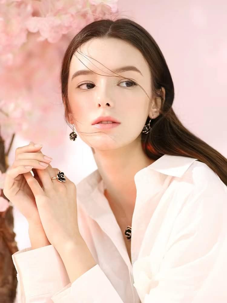 SCIENISH Gold Plated Rose Flower Necklace Earrings Set with Ring - Black - Image 5