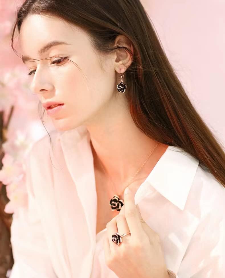 SCIENISH Gold Plated Rose Flower Necklace Earrings Set with Ring - Black - Image 2