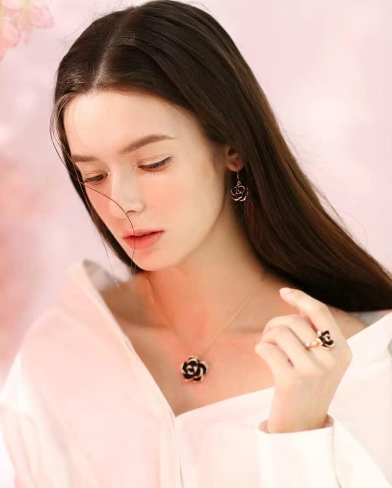 SCIENISH Gold Plated Rose Flower Necklace Earrings Set with Ring - Black - Image 3